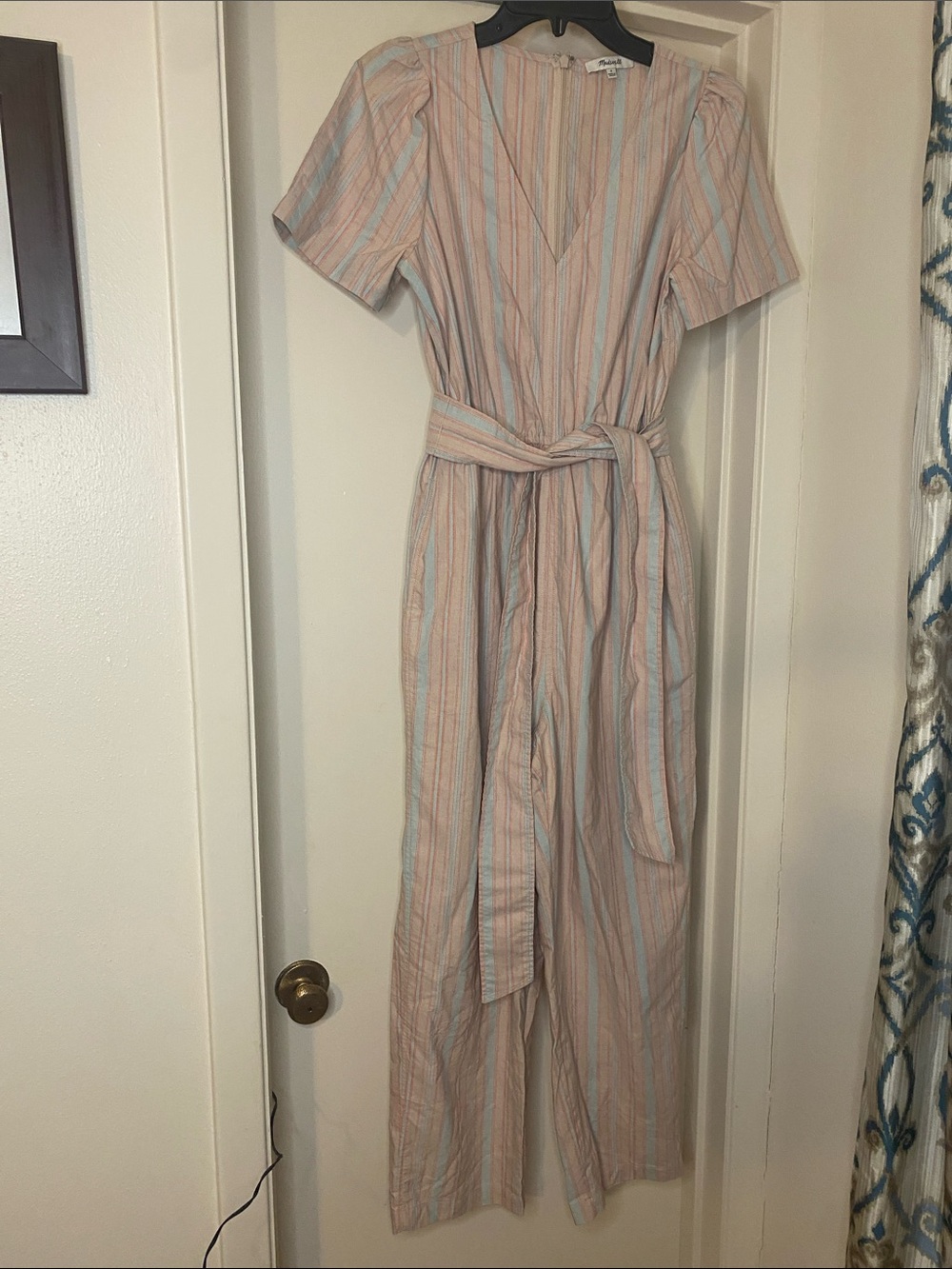 Madewell Peach and Light Blue Striped Jumpsuit with Tie Waist